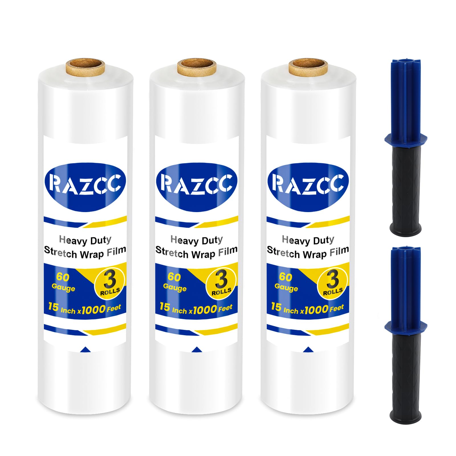 Stretch Film, RAZCC Stretch Wrap Industrial Strength, Shrink Wrap for Pallet Wrap, Heavy Duty Clear Plastic Wrap with Handles, Moving Wrapping Plastic Roll, 15" x 1000 Ft Per Roll, 60 Gauge, 3 Pack