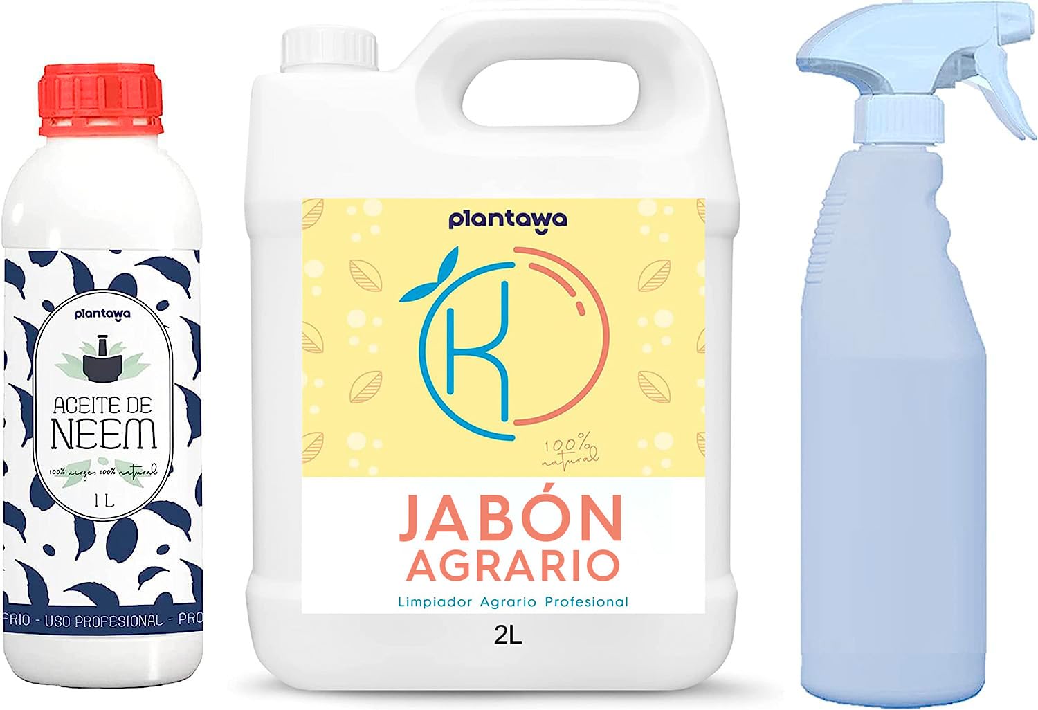 PLANTAWA Pack Ahorro Jabón Potásico 2L + Aceite de Neem 1L + PULVERIZADOR, 100% Natural Protección Huerto, Sostenible, Alta Concentración, Mosca Blanca, Araña Roja, Pulgón, Cochinilla