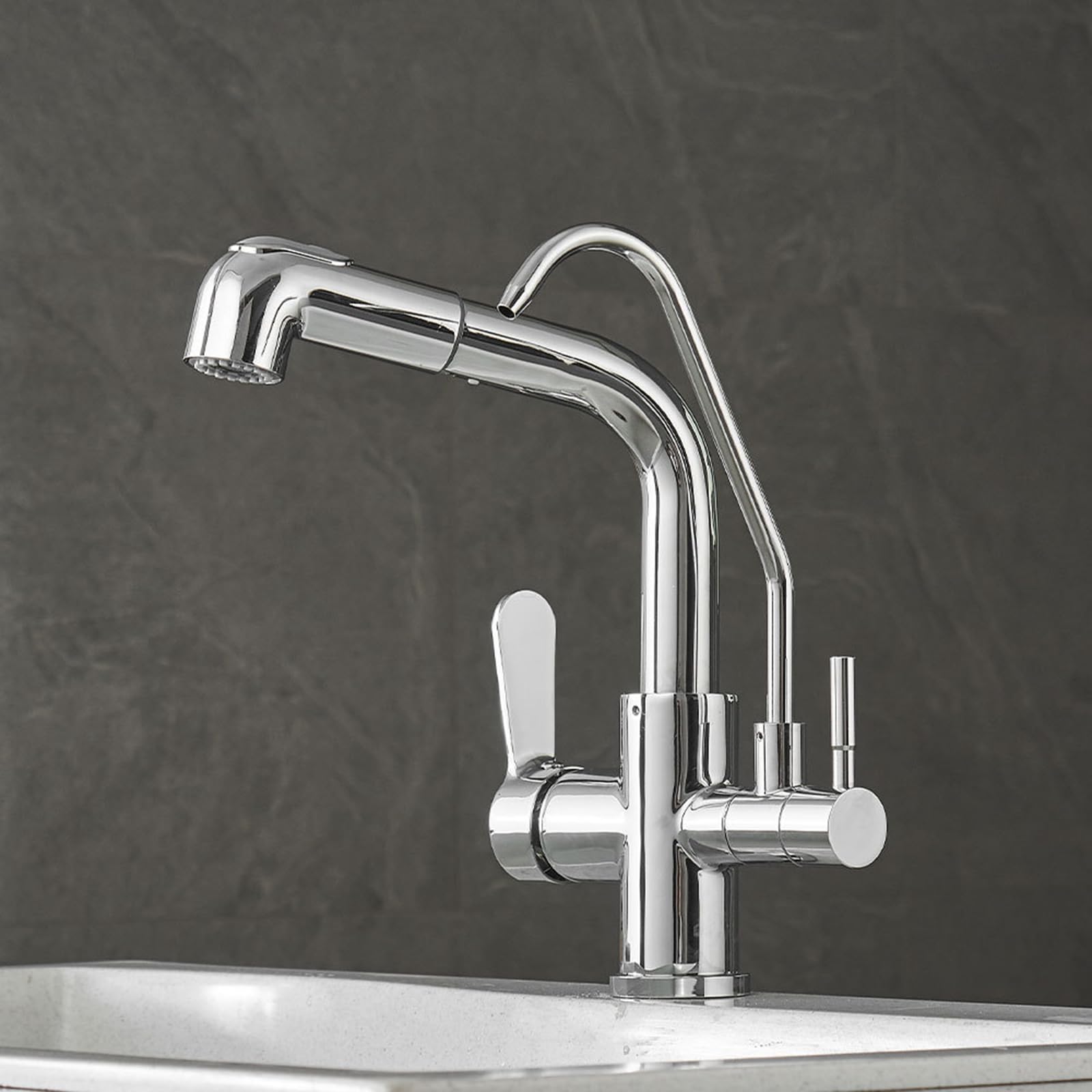 ZYCHSJXA 3 Way Kitchen Tap Pull Out Sink Taps Brass 2 Handles-Chrome Plated