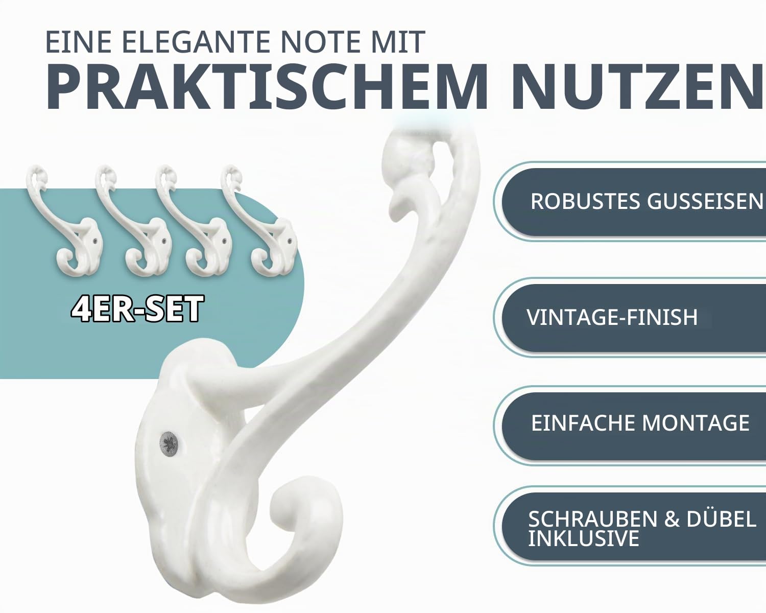 Comfify Rustikale Wandhaken - Shabby Chic Set mit 4 Wandhaken für Mäntel, Taschen, Handtücher und mehr - Vintage Haken für die Dekoration im Landhausdesign - Robuste Haken aus Gusseisen – Puderweiß