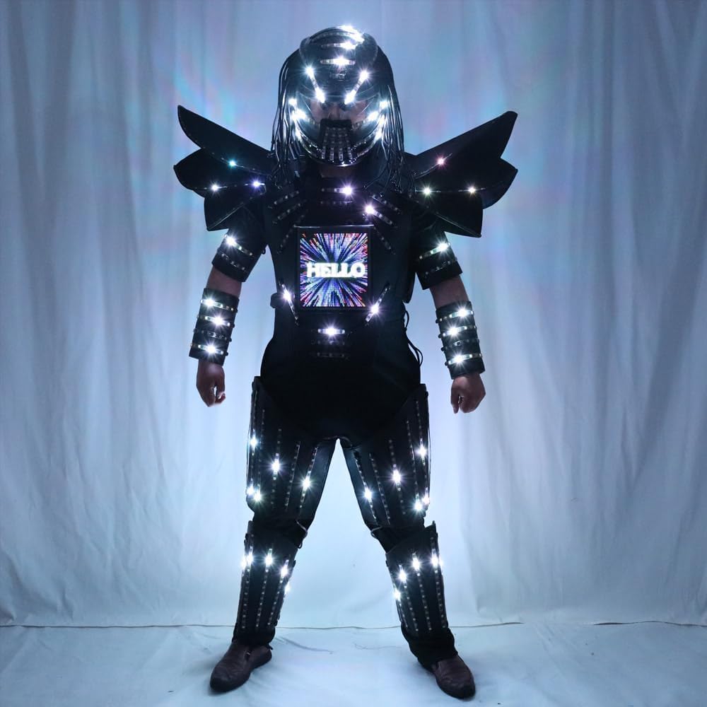 Earthradius Pixels - Traje de robot con luces LED, cambio de color, espectáculo de escenario, fiesta, actuación, casco