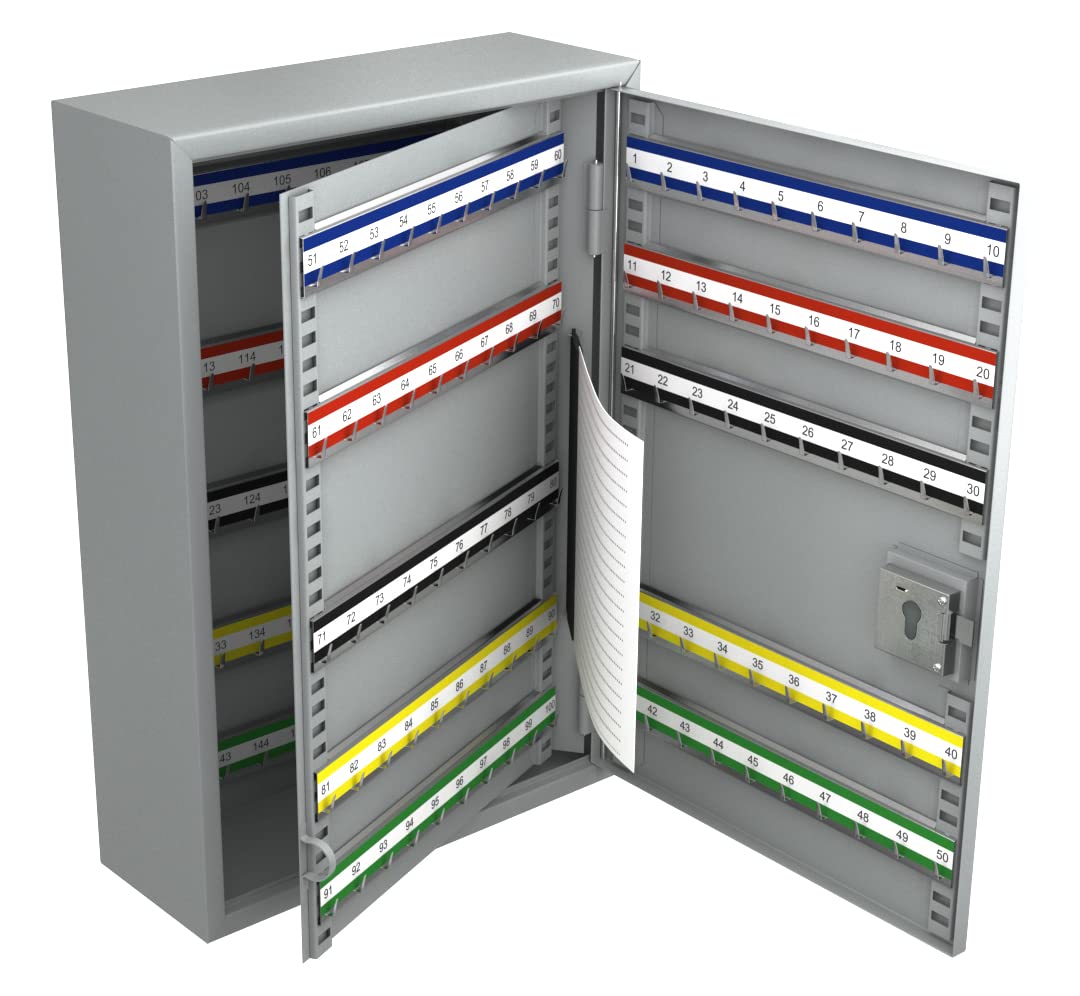 BASI Armario para llaves con perfil medio cilindro a juego de 10/30 mm, con 150 ganchos, listones de ganchos ajustables y numerados, 550 x 380 x 140 mm, acero, color gris