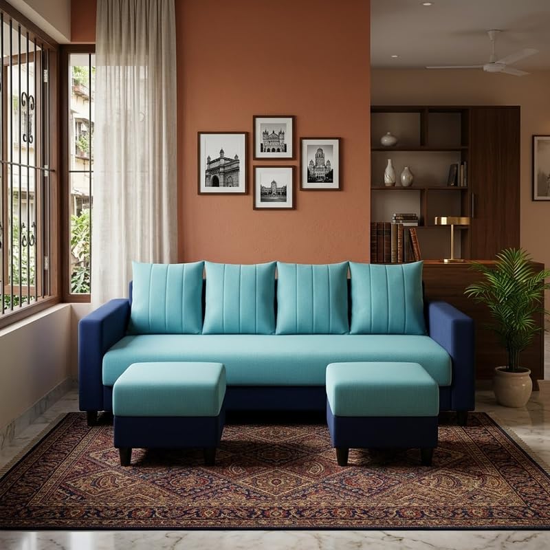 Image of Strikon Plush 6 Seater L Shape Sofa Set with 2 Movable Ottoman | Flexible Layout |Silken Velvet Suede | Designer Sofa for Living Rooms & Office Spaces (Sky Blue & Dark Blue)