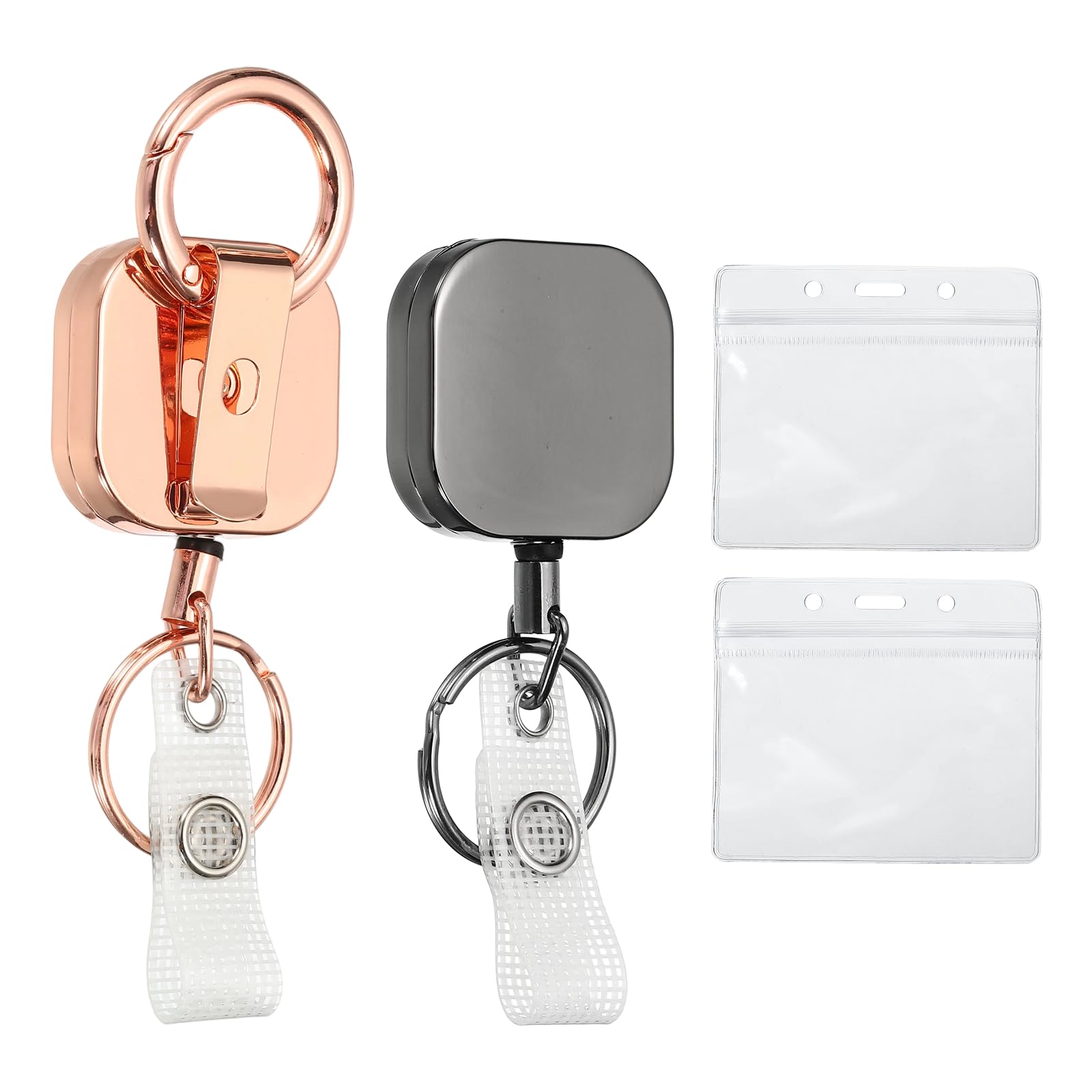 PATIKIL Retractable Badge Holder, 2 Pcs Metal Badge Reels, Square Retractable Keychain with Belt Clip Key Ring and Horizontal ID Holders for Men Women Teacher Key Name Card Rose Gold/Black