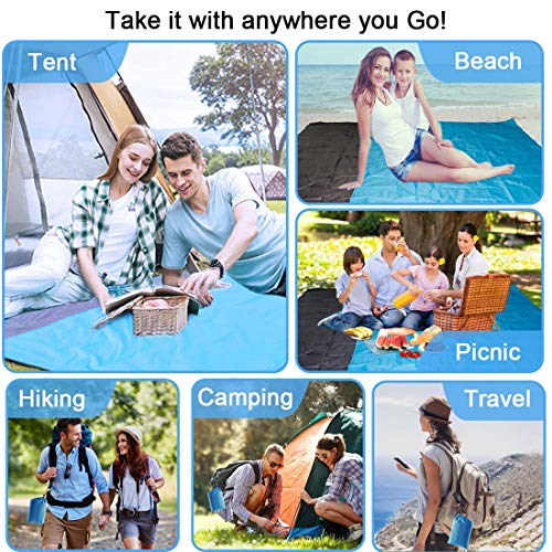COPACHI Beach Blanket (82\" X 79\"), Sandfree Beach Mat Waterproof Picnic Blanket for 3-7 Adults Lightweight Portable Pocket Blanket Sand Proof Blanket for Travel, Camping, Hiking (Single Gray-Blue)