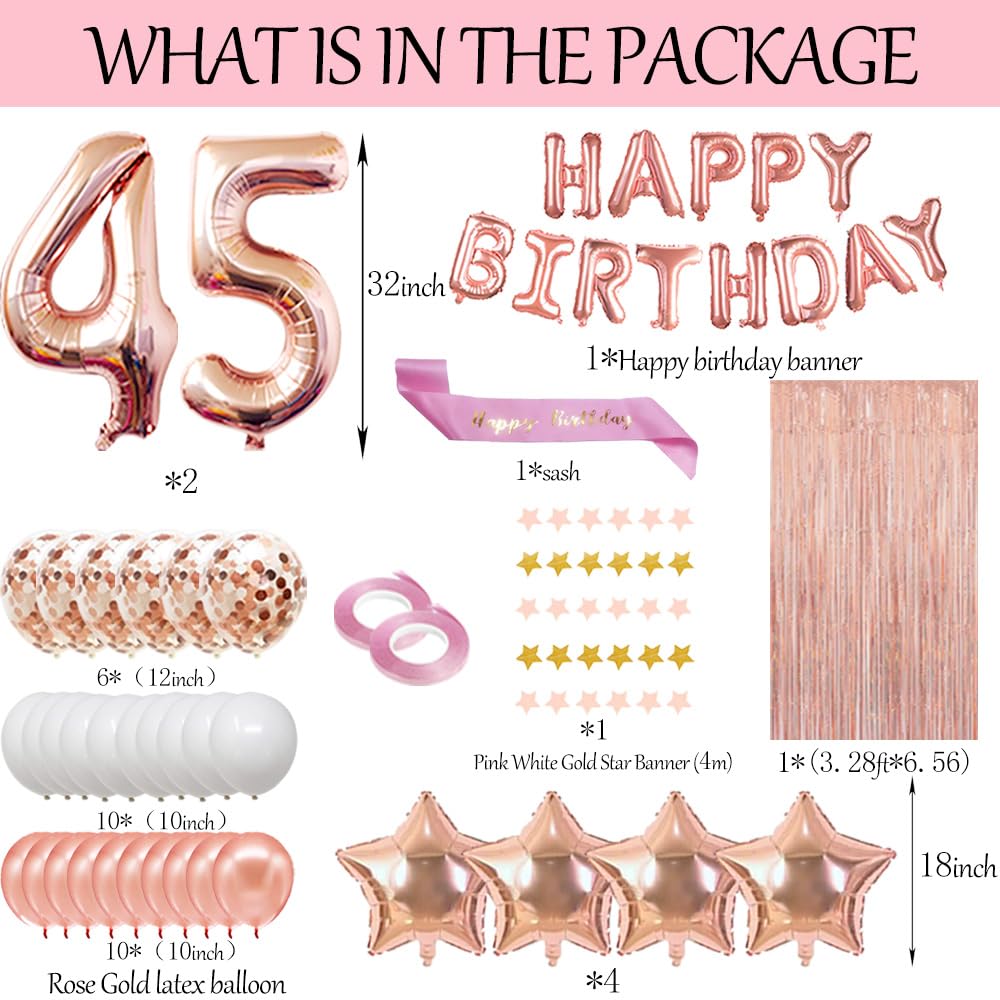 Fancypartyshop 45th Birthday Decorations - Rose Gold Happy Birthday Banner and Sash With Number 45 Balloons, Latex Confetti Balloons - Ideal for Women 45 Years Old