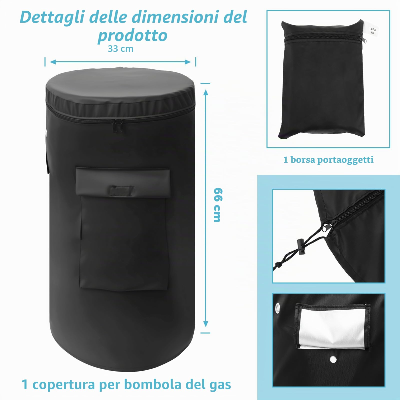 Copertura per Bombola del Gas da 11 kg, 33 x 66 cm, 600D, con Cordino, Impermeabile, Antivento, Anti UV, per Bombole di Gas Propano