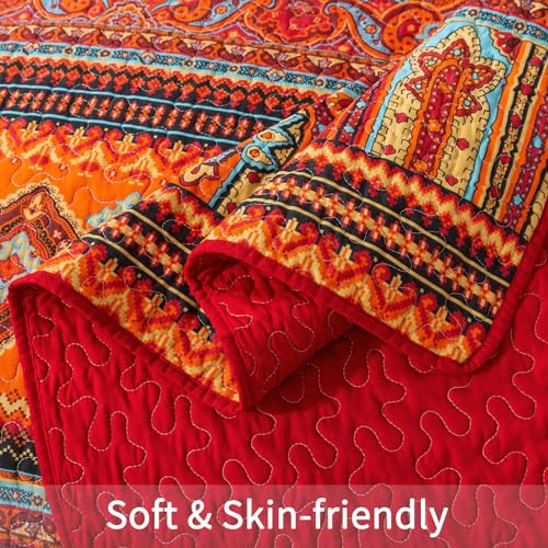 BEDIFANY Cotton King Size Quilt Set - Boho Lightweight King Bedspread - Colorful Orange Reversible Coverlets Quilt Bedding Sets - Oversized King Quilt Set for Bed Decorations for All Seasons, 3 Pieces