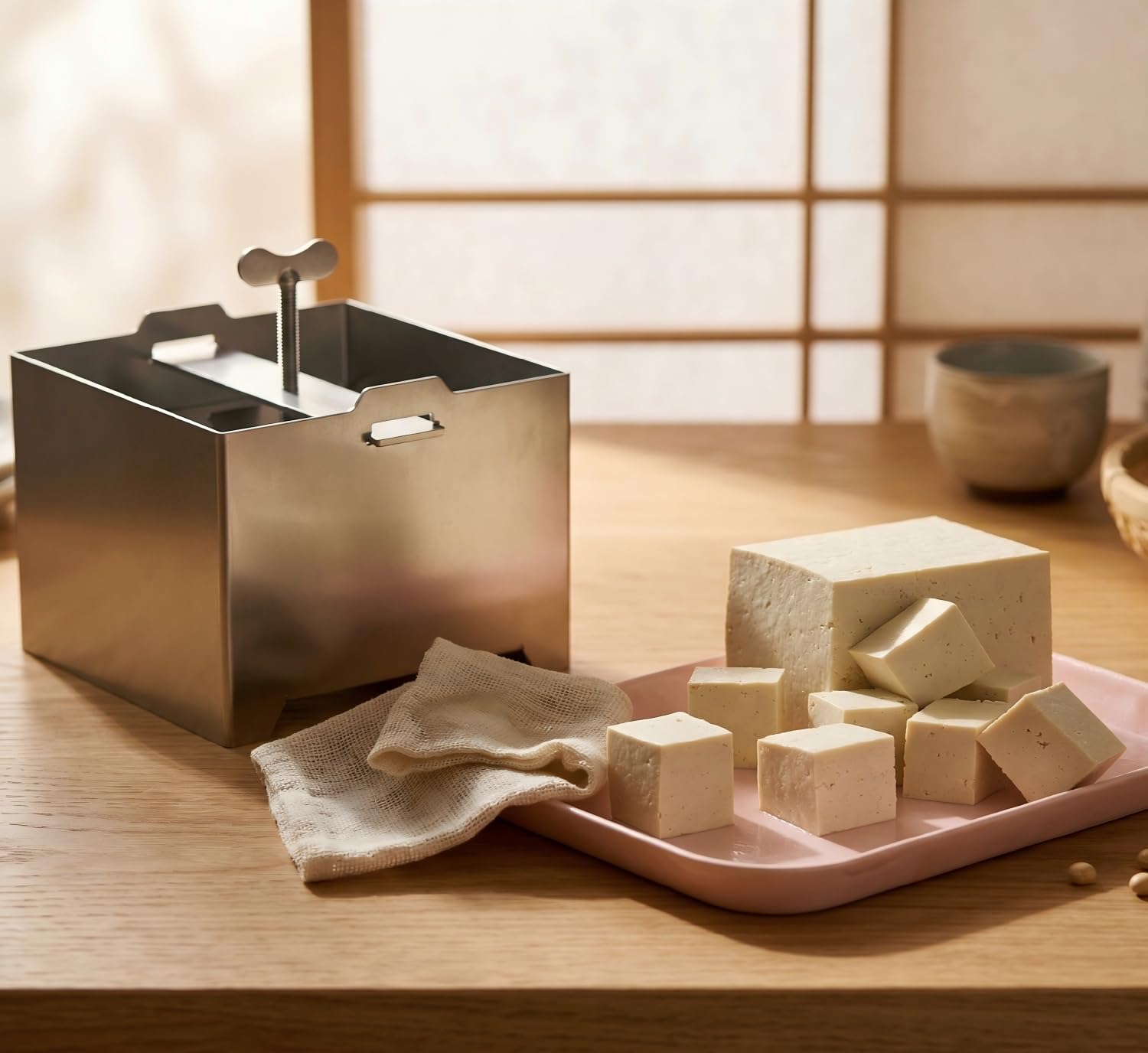 Tofupressa in acciaio inox, per uso alimentare, lavabile in lavastoviglie, con 1 vassoio e 1 panno di garza, adatto per tofu, formaggio e yogurt secco.