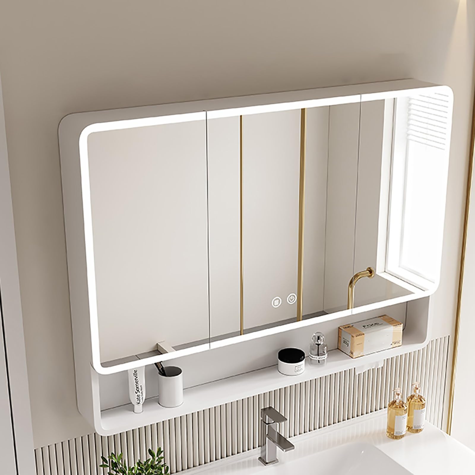 FGXHHS Lighted with Storage - Modern Anti-Fog Medicine Cabinet, Wall-Mounted Vanity nizer, 39.3in White Hanging Rack for Stylish Space