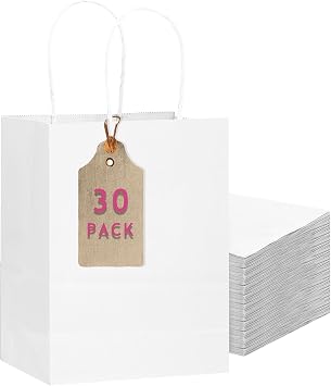 qiqee 30-Packs White Gift Bags with Handles Bulk 10.8"x8.3"x4.3" Medium Size Paper Bags Multiple Uses Medium Size