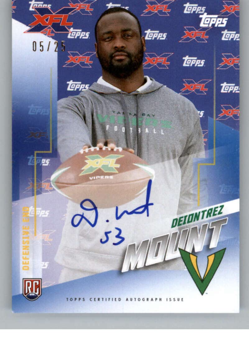 2020 Topps XFL Autographs Blue Football #AU-DM Deiontrez Mount Auto Autograph SER/25 Tampa Bay Vipers Official "Xtra Fun League" Trading Card