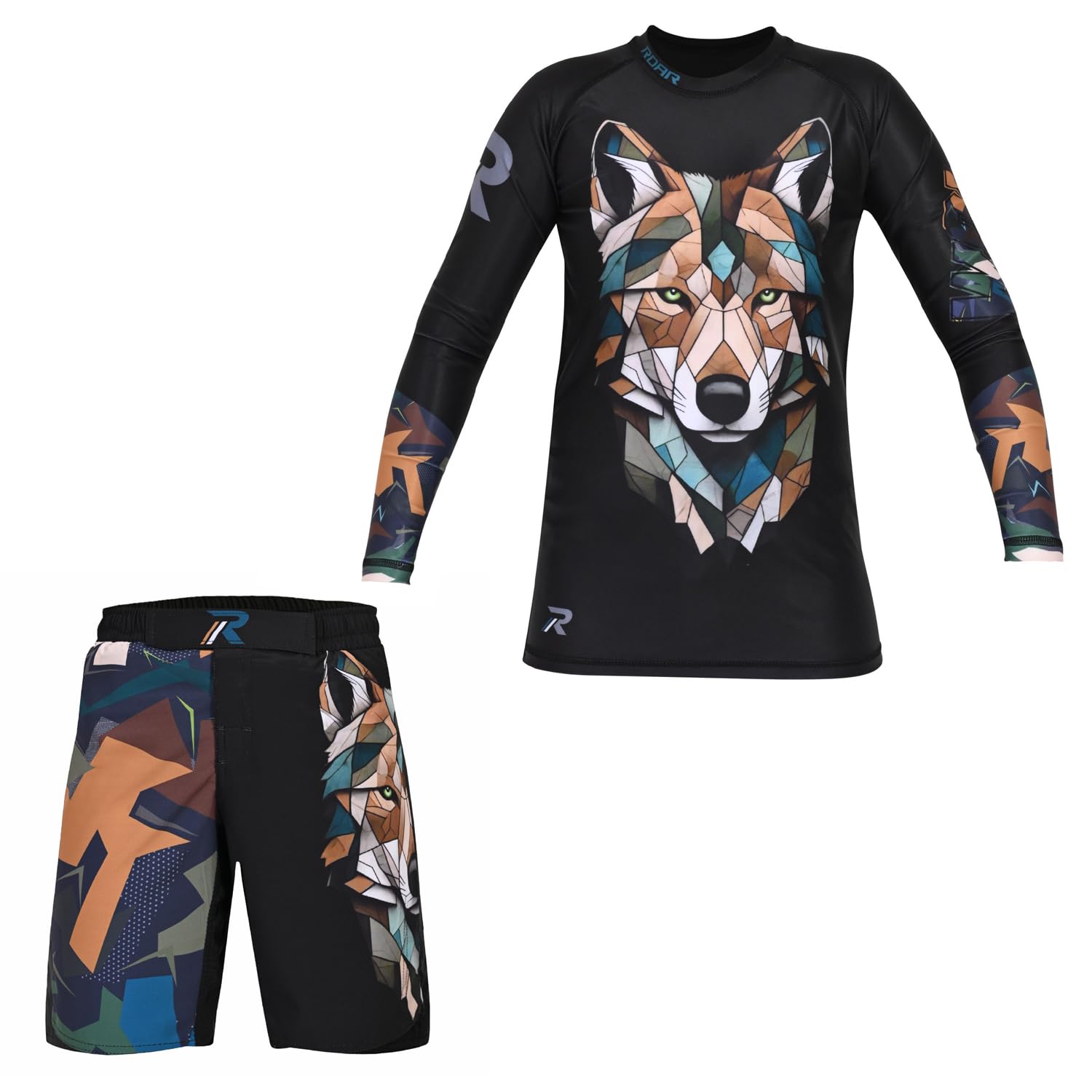 ROAR-INT MMA Rash Guard &amp; BJJ Shorts Set Kids Fight Training Grappling Wear Jiu Jitsu Gi Trunks Outfit Set