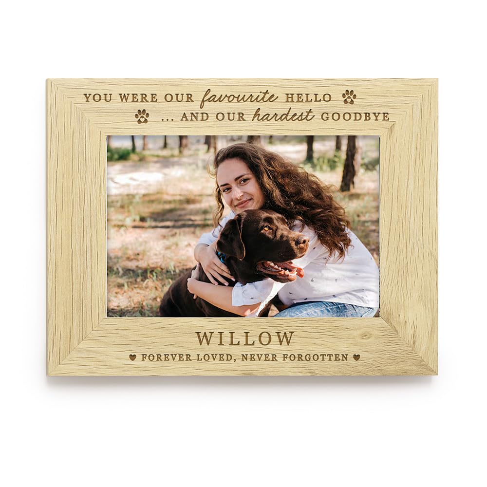Ebuygb Brown Personalised Dog Memorial Frame, Favourite Hello, Hardest Goodbye, Wooden Pet Loss Photo Frame, Dog Sympathy Memorial Cat Picture Frame