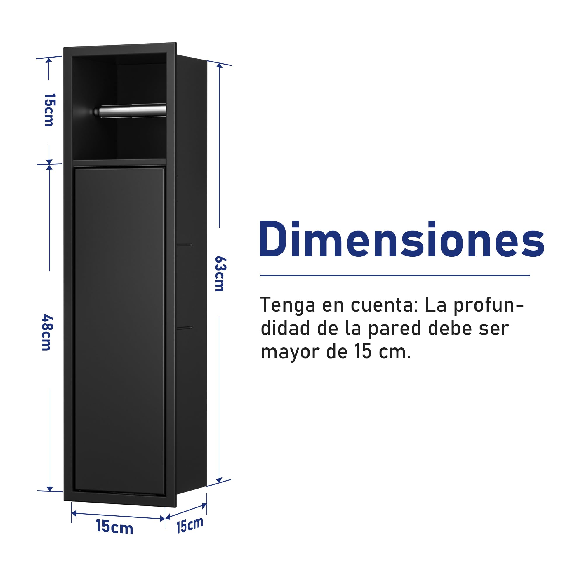 Portarrollos de papel higiénico empotrado, acero inoxidable, para el conjunto de escobillas, armario de baño con portarrollos de papel higiénico, con puertas de armario, 63 x 15 x 15 cm, negro