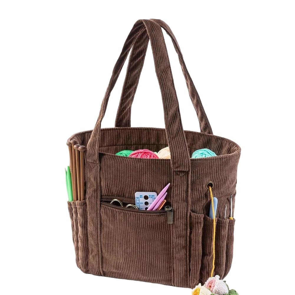 UDSKNV[KSL Corduroy for Yarn and Knitting Supplies Crochet Storage Bag with Multiple Pockets and Smooth for Yarn Feed