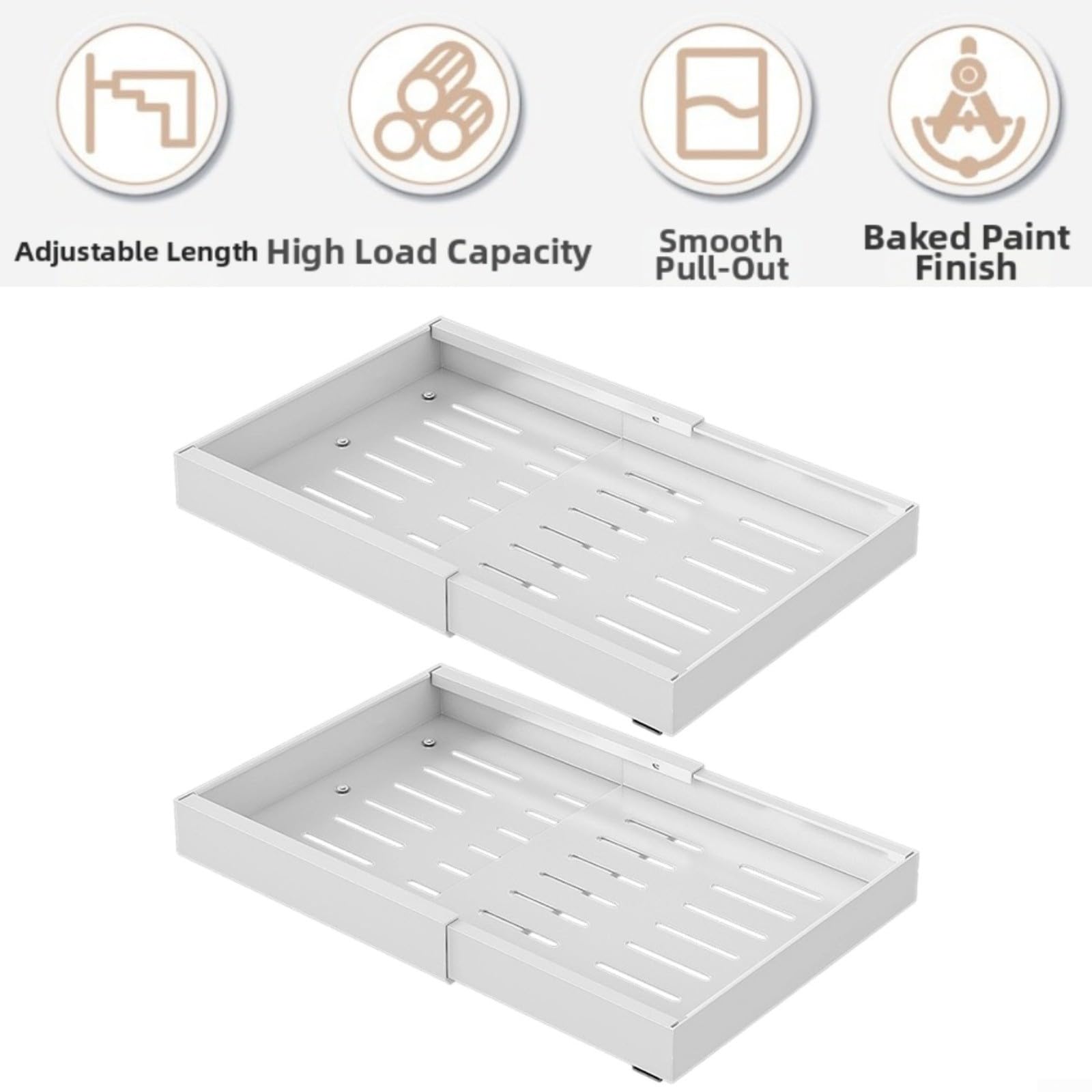 Juego de 2 cajones extensibles para armarios, ajustables de 32 a 52 cm, de acero al carbono con rieles amortiguadores, estantes blancos para cocina y baño