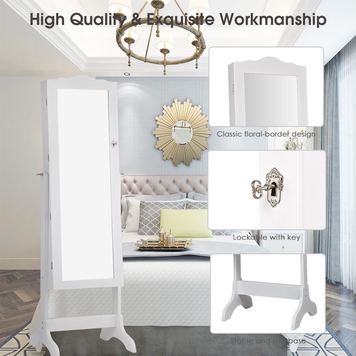HOMASIS Armoire à bijoux avec miroir, étagère à bijoux verrouillable et 14 LED automatiques, armoire à bijoux sur pied avec support, 4 angles d'inclinaison réglables (blanc)