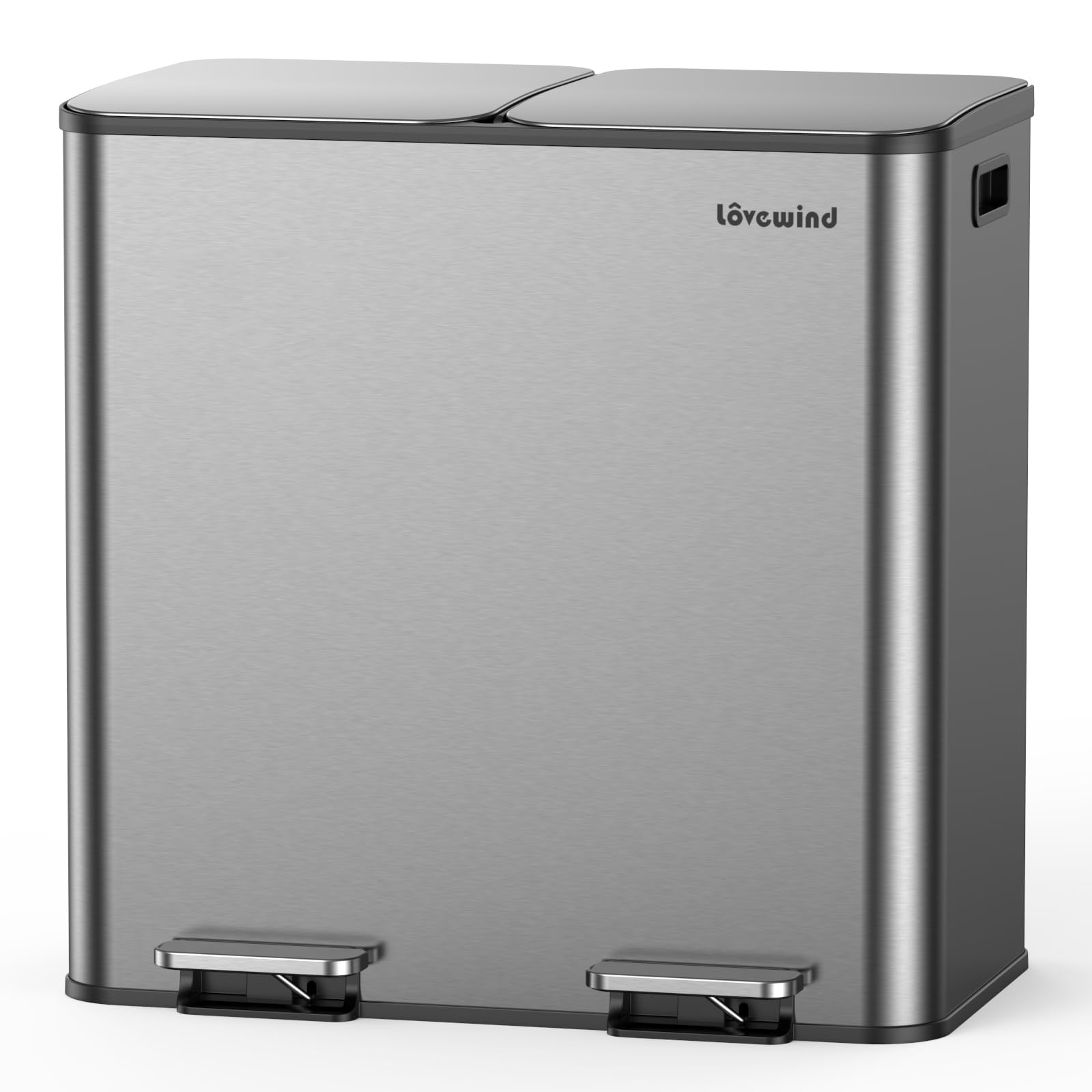 lovewind Mülleimer, 2 x 40L Mülleimer Küche, Doppeleimer für Recycling und Abfall, Silber, Mülleimer aus Edelstahl mit Deckel und Inneneimern, Großes Fassungsvermögen, Deckel mit Soft-Close-Funktion