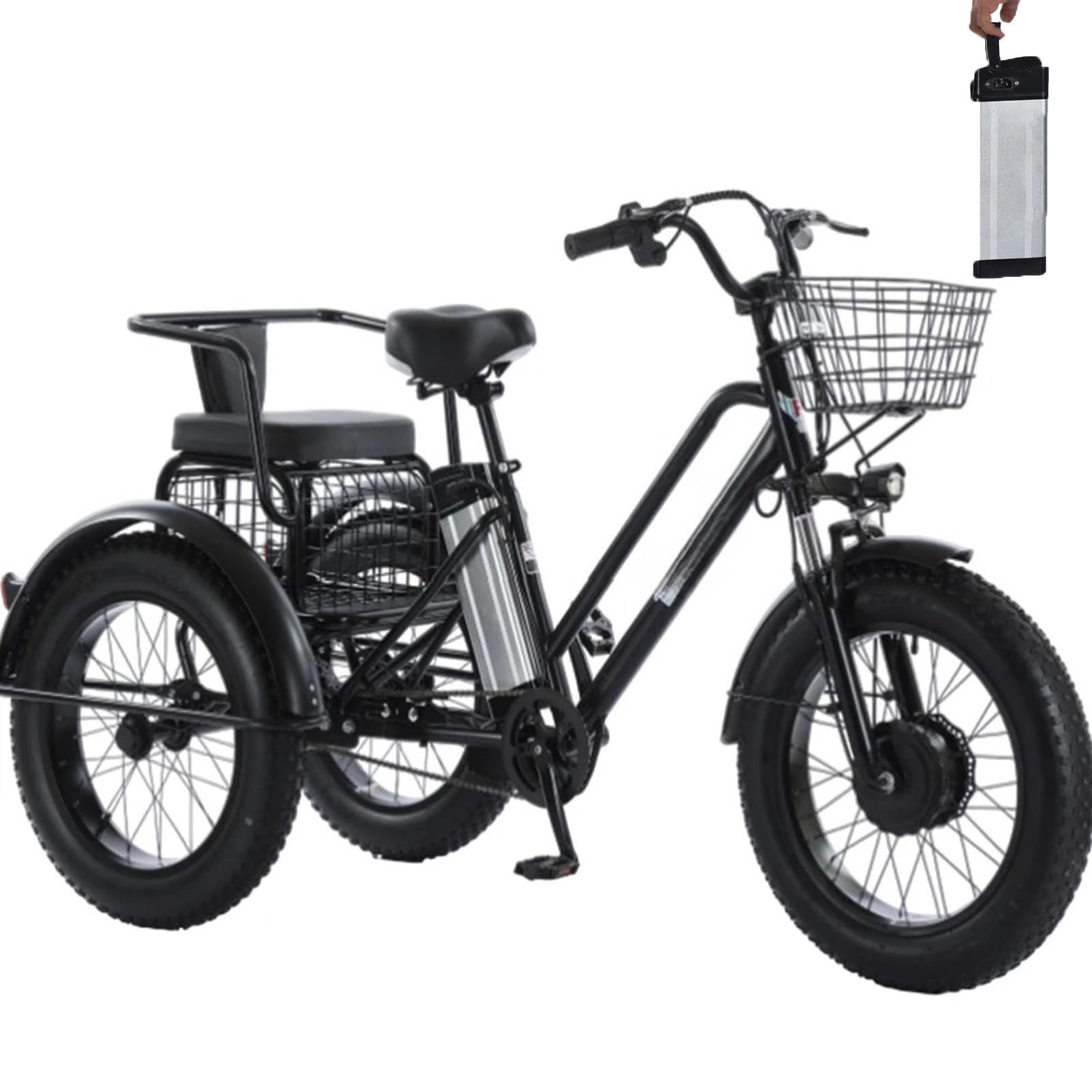 Triciclo elettrico per adulti, pneumatici larghi da 20'', batteria rimovibile da 48V/12Ah, portata massima 200 kg, cestino portaoggetti e seggiolino posteriore per bambini, autonomia di 35 k