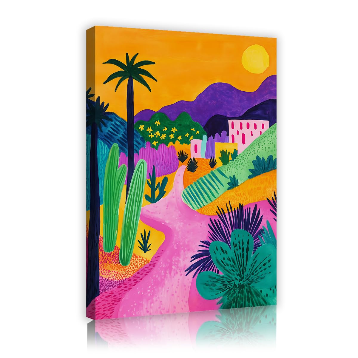 Via Vela Vibrant Tropical Desert Framed Canvas Wall Art Hallway Fauvism Palm Tree Painting Abstract Pictures Artwork for Apartment Home Decor 60x90cm