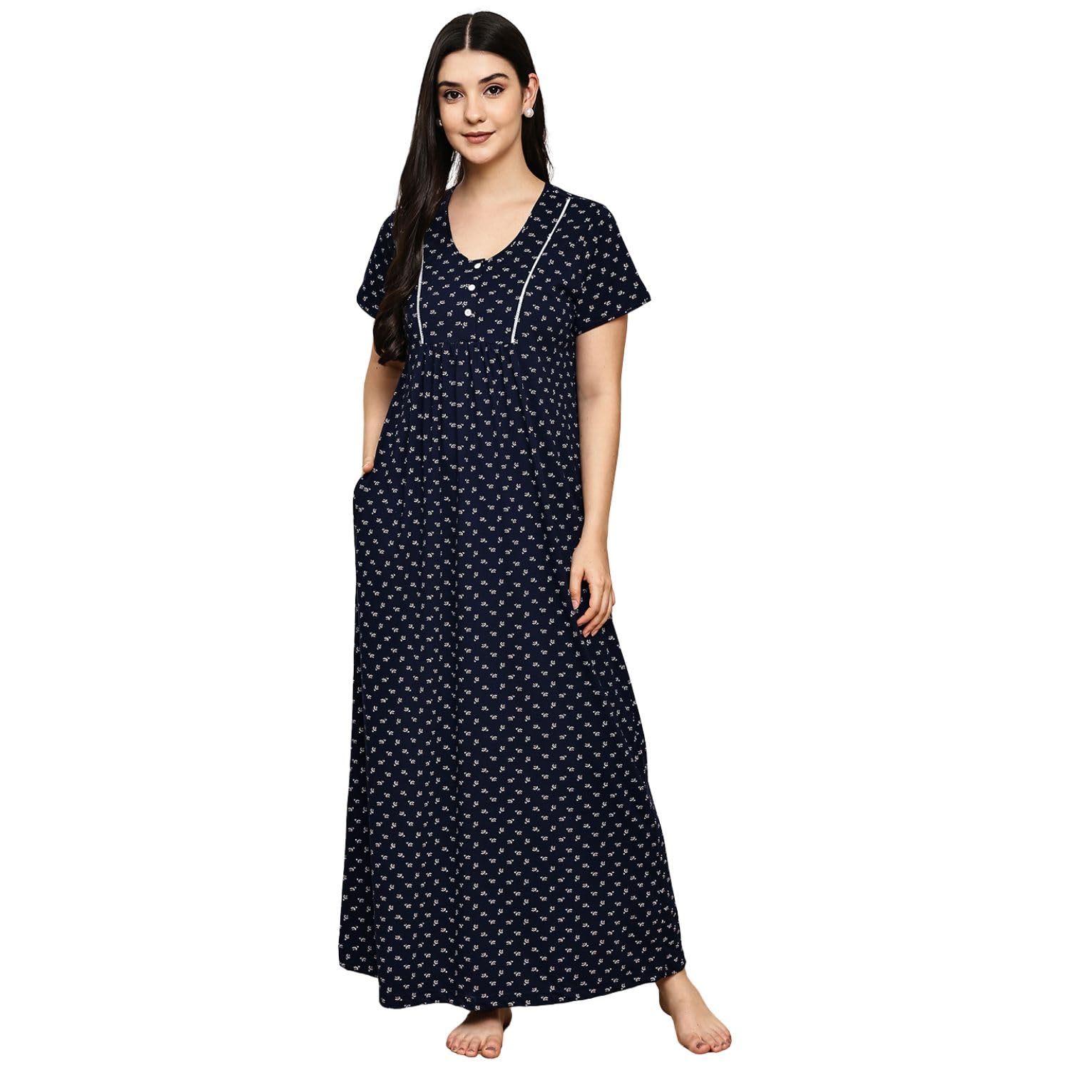 Floral Hosiery Night Dress for Women | Stylish Loose Fit Nighty for Casual Wear| Comfortable Long Night Gown for Ladies | Soft Summer Sleepwear & Casual Loungewear Nightwear-image-9