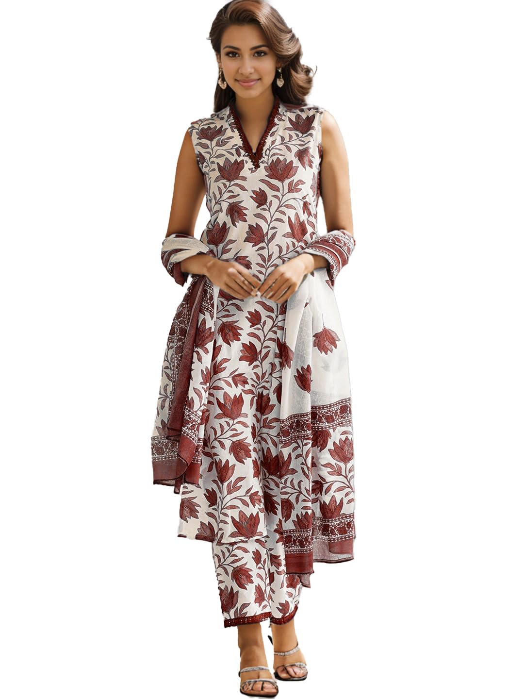 Shienzy Women's Printed Cotton Blend Sleeveless V-Neck Kurta Pant Dupatta Set || Stylish Indo-Western Kurti For Wedding, Festive, Office Or Formal & Casual Summer Wear (Shz1432_Brown_2Xl)