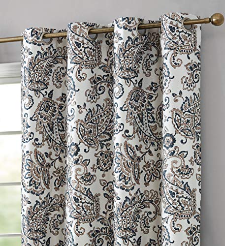 HLC.ME Amalfi Paisley Faux Silk 100% Blackout Room Darkening Thermal Lined Curtain Grommet Panels for Bedroom - Energy Efficient, Complete Darkness, Noise Reducing - Set of 2 (Taupe, 52" W x 84" L)