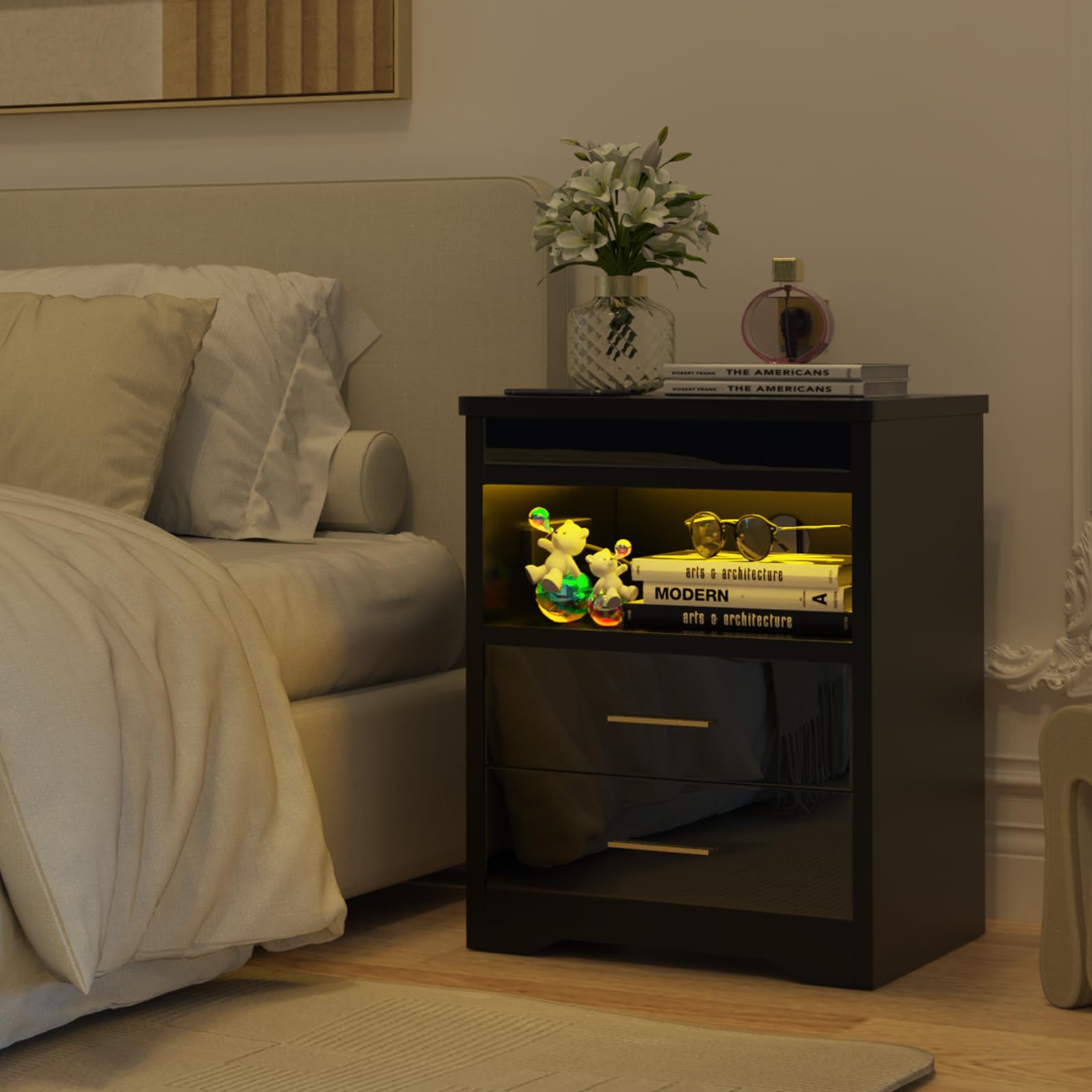 Table de Chevet Noir Table de Nuit Moderne avec Prises LED Multicolore Réglable Serrure à Clé de Sécurité Chevet de Lit Coulissantes Cachées, d’Appoint pour Salon Chambre à Coucher 39x44x58cm