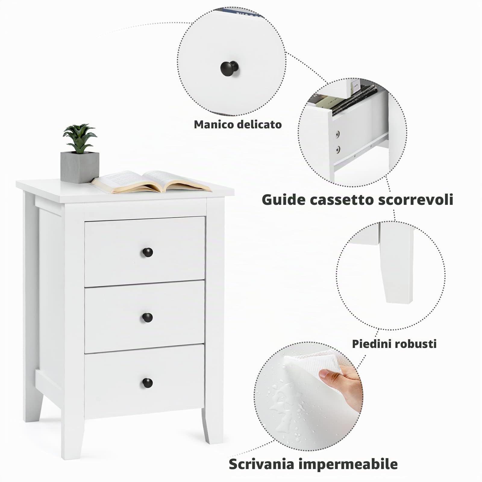 KOMFOTTEU Comodino a 3 Cassetti, Comò Cassettiera Salvaspazio e Moderno in Legno, Mobile con Cassetti per Camera da Letto, Soggiorno, Cucina, Corridoio, 46 x 37 x 65 cm (Bianco x 2)