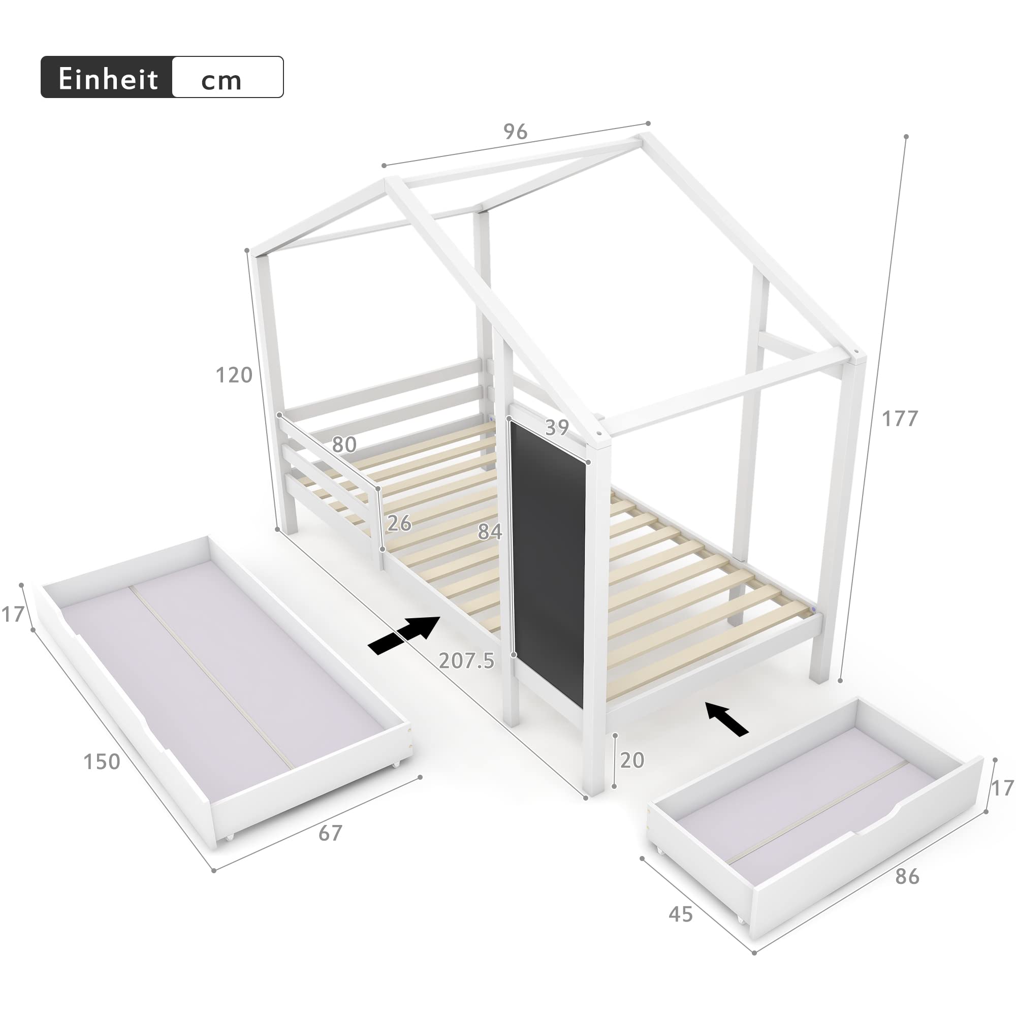 Letto A Pannello Soweiz 90x200 Cm Con Ringhiera E Rete A Doghe – Legno Di Pino Bianco, Senza Materasso