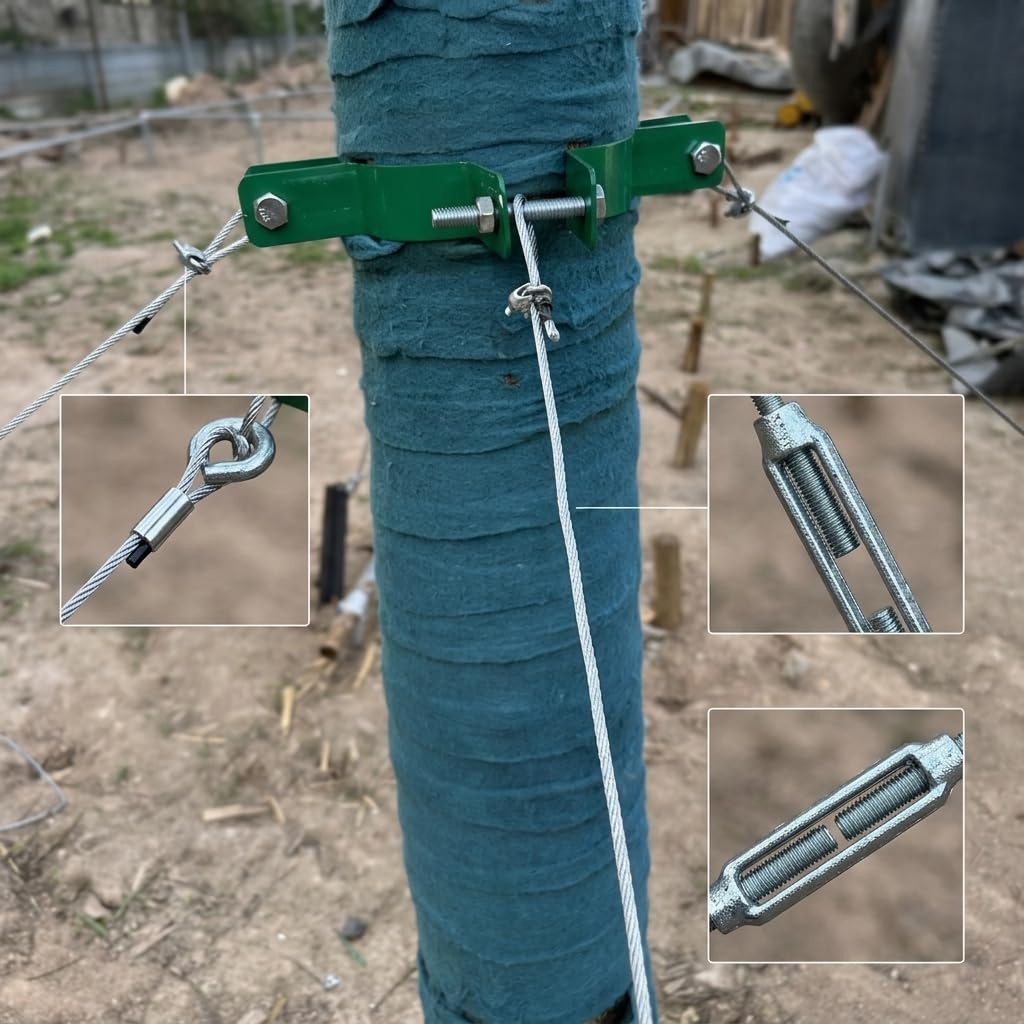 Kit Fijación para Árboles con Cuerda Metálica y Tensores - Protege Árboles Inclinados y Recién para Jardines, Color Original galvanizado, 4 Metros