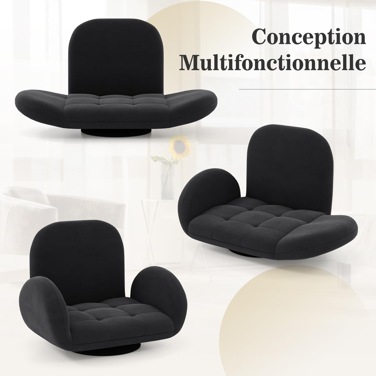 COSTWAY Chaise de Sol Pivotante, Chaise de Jeu Pliante avec Dossier et Accoudoirs Réglables, Fauteuil de Sol Inclinable, Fauteuil de Sol Pliant et Pivotant, pour TV, Lecture, Jeux Vidéo (Noir)