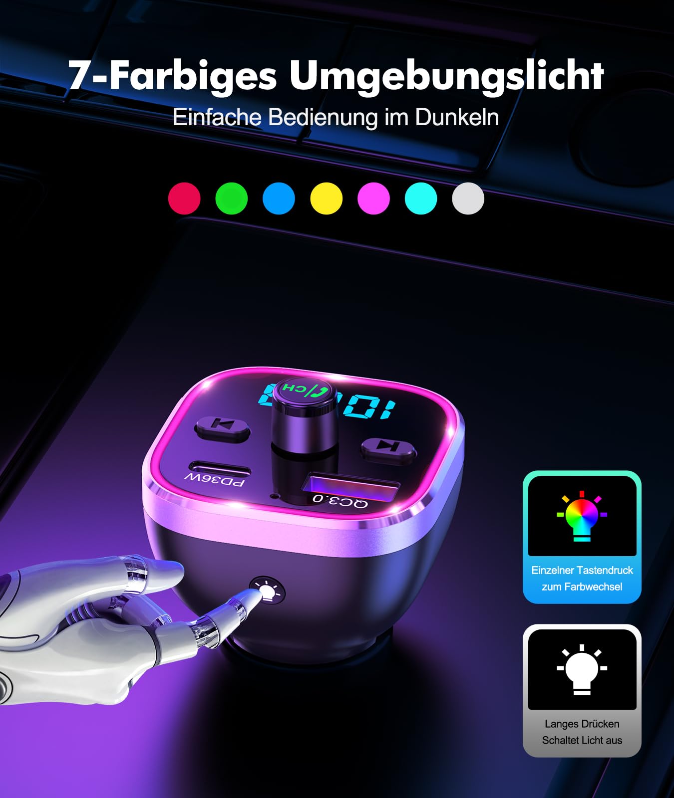 Mohard Bluetooth Adapter Auto, 54W [PD & QC 3.0] Schnellladung FM Transmitter Auto Bluetooth 5.3, Freisprechanlage, 7 Farbige LED-Atmosphärenlichter, Bloototh Transmitter Autoladegerät Bedienelemente