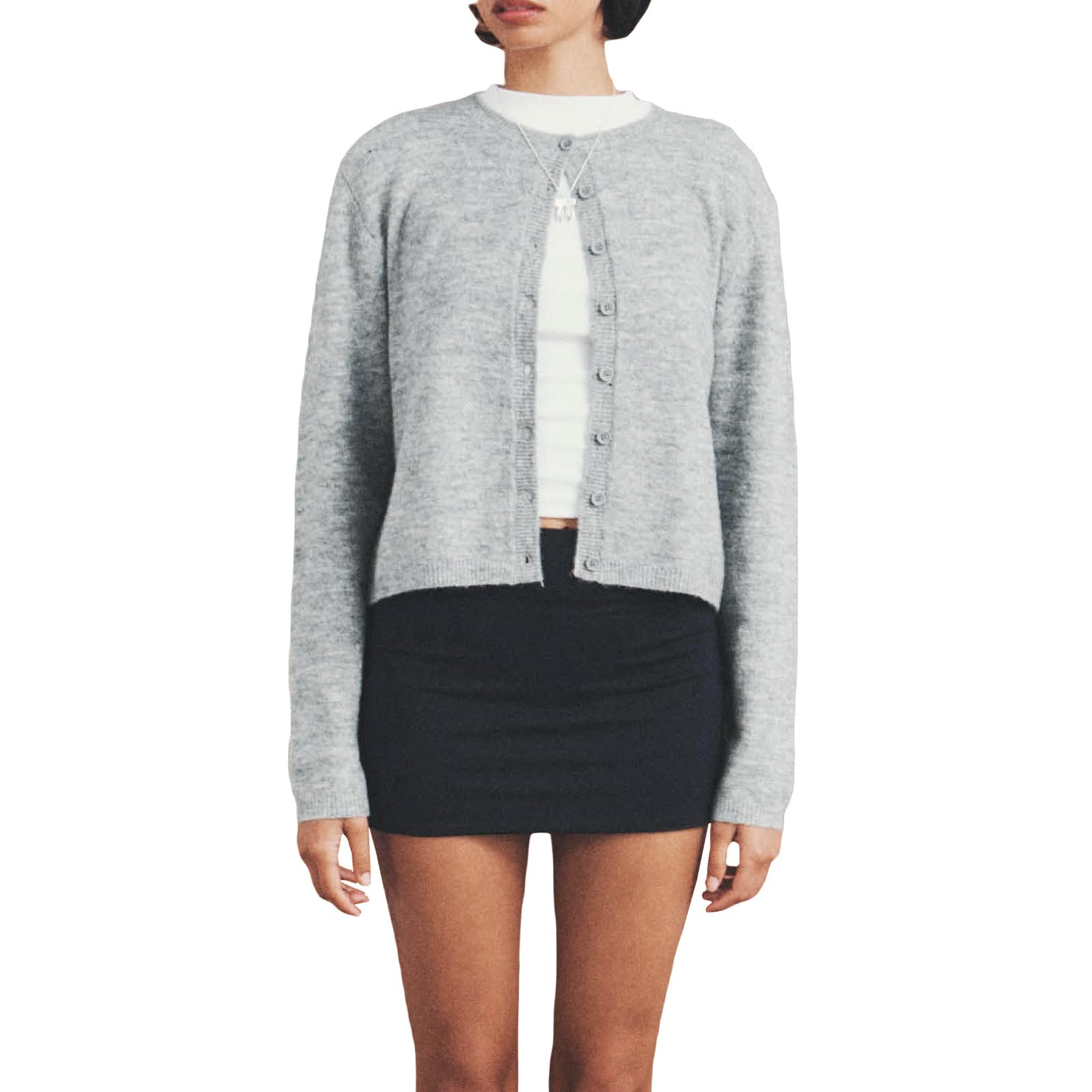 RUEWEY Womens Y2k Crop Cardigan Sweater Button Down Long Sleeve Lightweight Knit Crew Neck Cardigan Tops