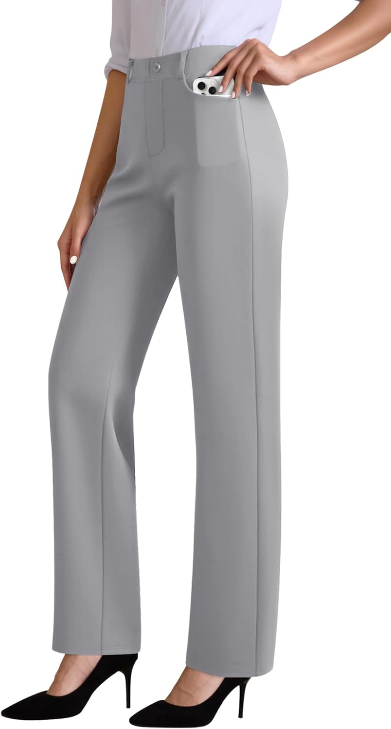 Womens Dress Pants Stretchy Work Pants High Waisted Business Trousers Pull On Casual Slacks with Pockets