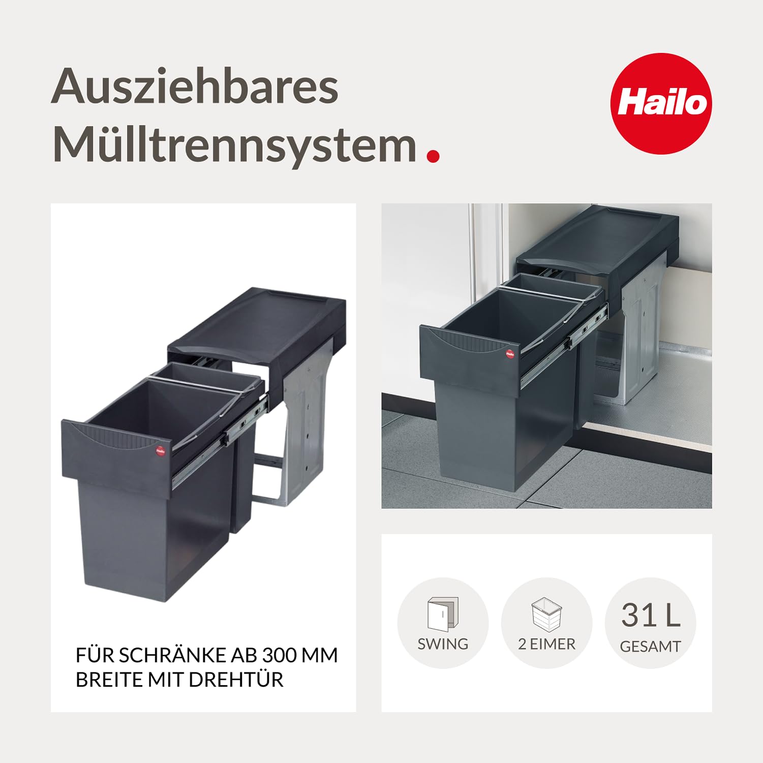 Hailo Abfallsammler Tandem 3666111 Einbau-Mülltrenner mit 2 Fächern - Küchen-Mülleimer zum Einbauen im Unterschrank - 24 + 7 L - Abfalleimer mit Vollauszug für Drehtür-Schränke ab 30 cm - Dunkelgrau
