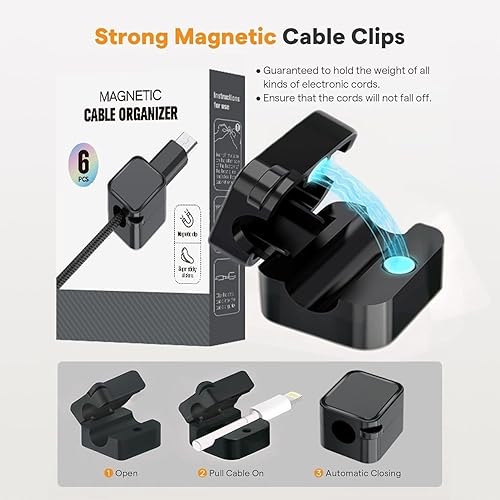 Miniatura 6 de Paquete de 6 soportes magnéticos para cables negros, clips adhesivos para cable de escritorio y automóvil, organizador de cables para mesita de