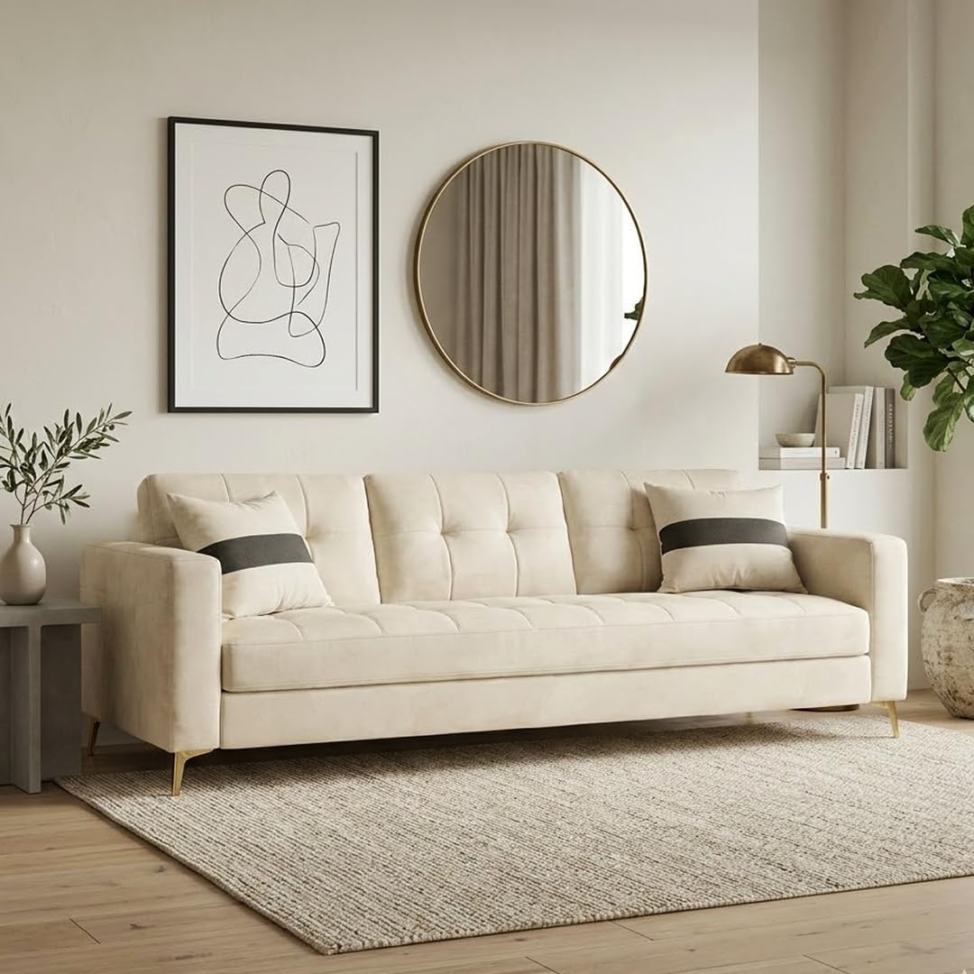 Bayley Luxe Velvet-Suede Fabric 3 Seater Sofa | Comfortable Seating | Modern Sofa for Living Room – Cream-image-36