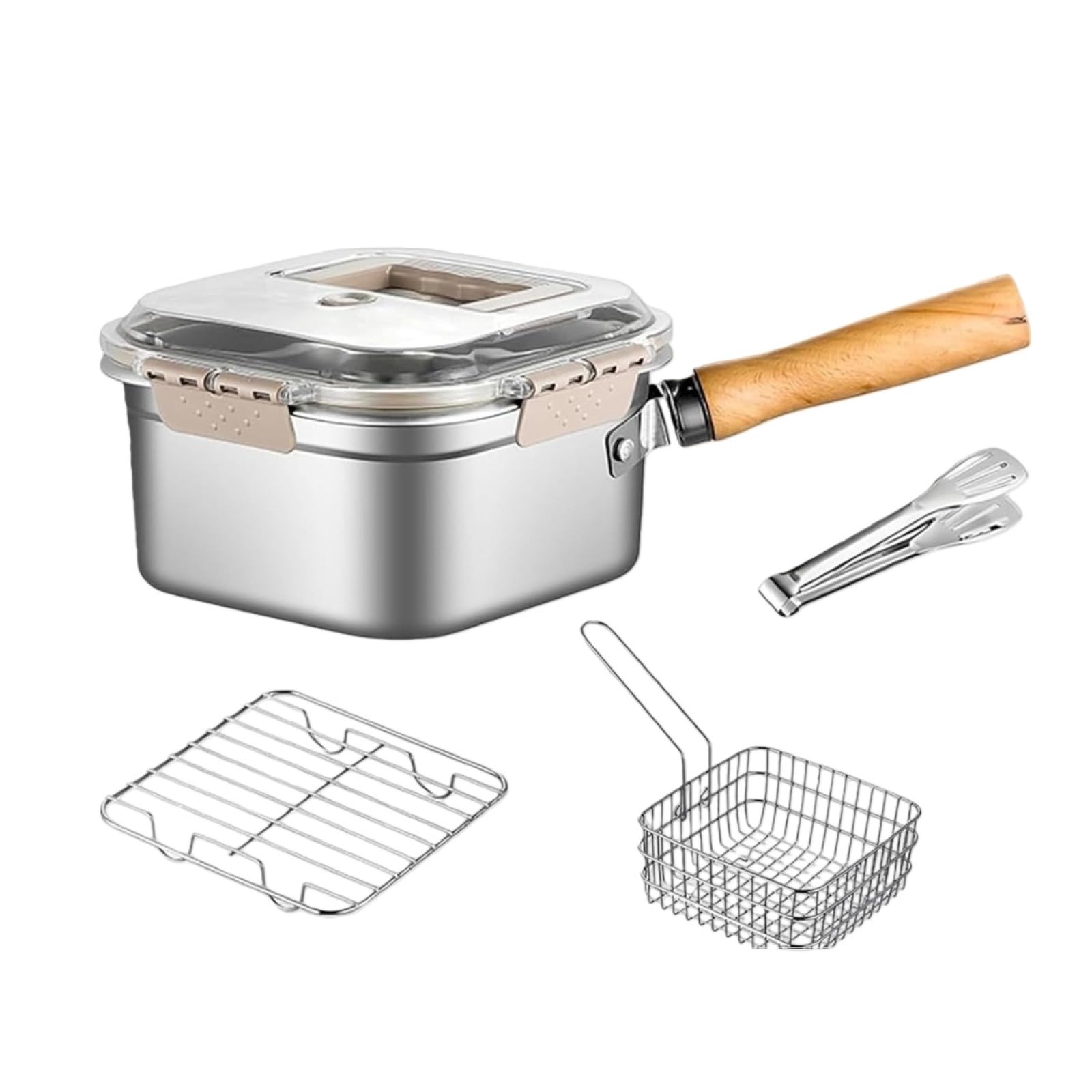 Casserole à Faire Frire INOX Ensemble De Friteuse en Acier Inoxydable Multifonctionnel avec des Pinces Panier Rack Goutte D'huile pour La Cuisine du Ménage-a Set