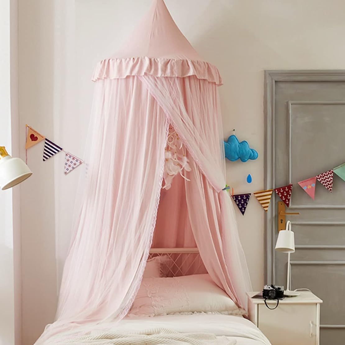 Doppellagig Baldachin Babybett Mädchen Groß Hell Rosa Baumwolle Betthimmel Kinderbett Rund Hängendes Kuppel Moskitonnetz Spielzelte Bett Deko for Kinder Baby