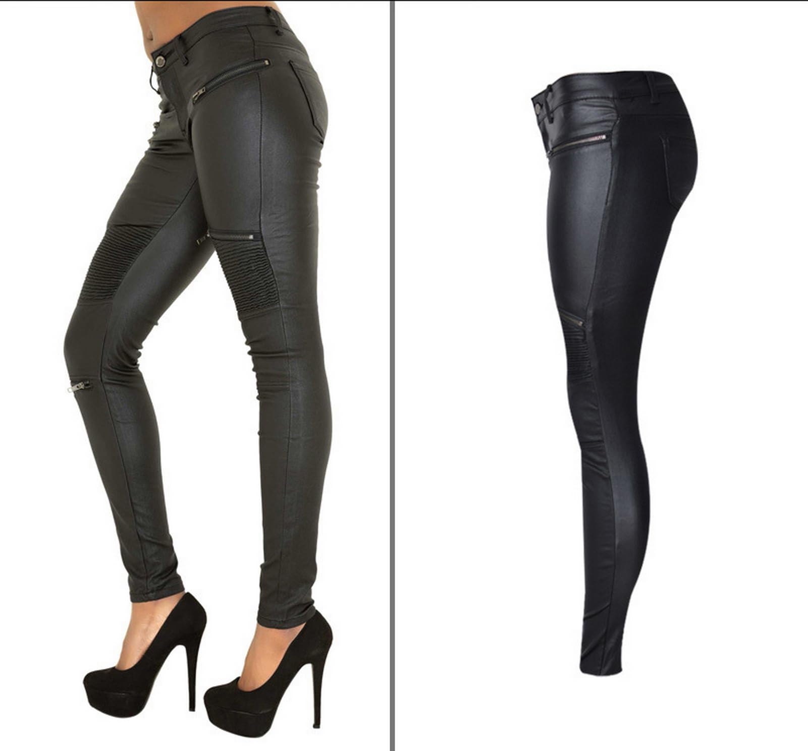 Schwarze Hose aus PU-Leder beschichtete Denim-Hose für Damen, sexy, enganliegend, dehnbar, Reiter-Leggings