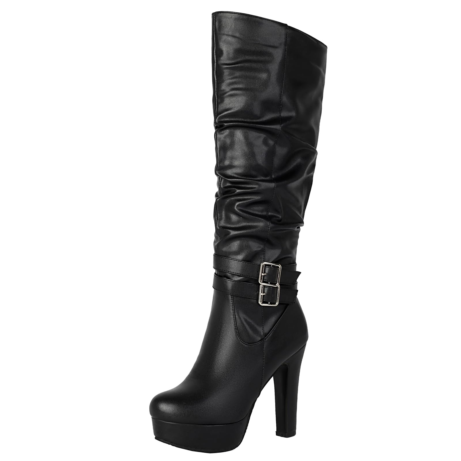 Womens Elegant Slouch Knee High Boots Platform and Chunky Heel Biker Boots with Side Zipper