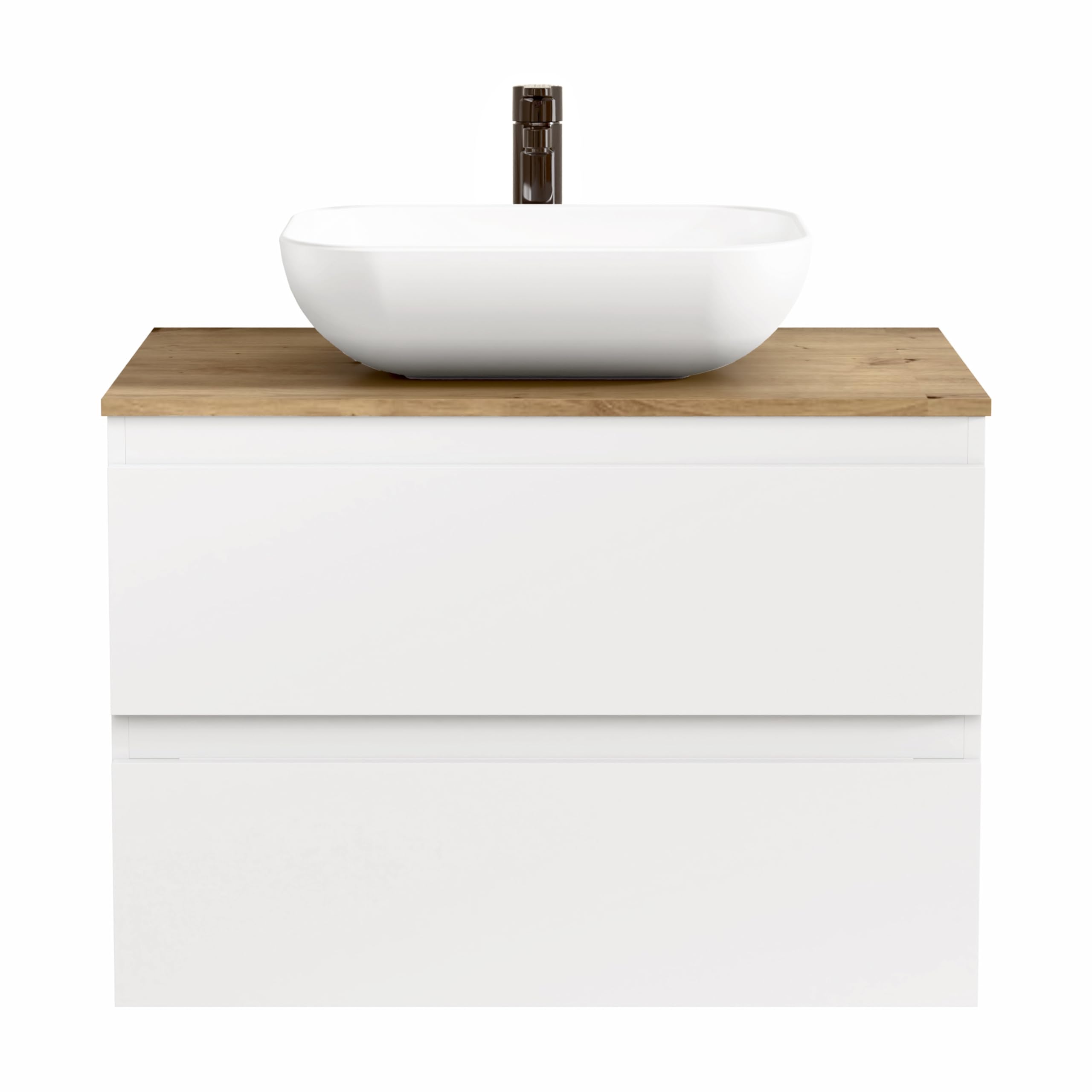 BELLOBATH - Badezimmerschrank mit Keramik Waschbecken und 2 Schubladen, Waschbeckenunterschrank 80 x 55 x 46 cm - Weiß/Eiche