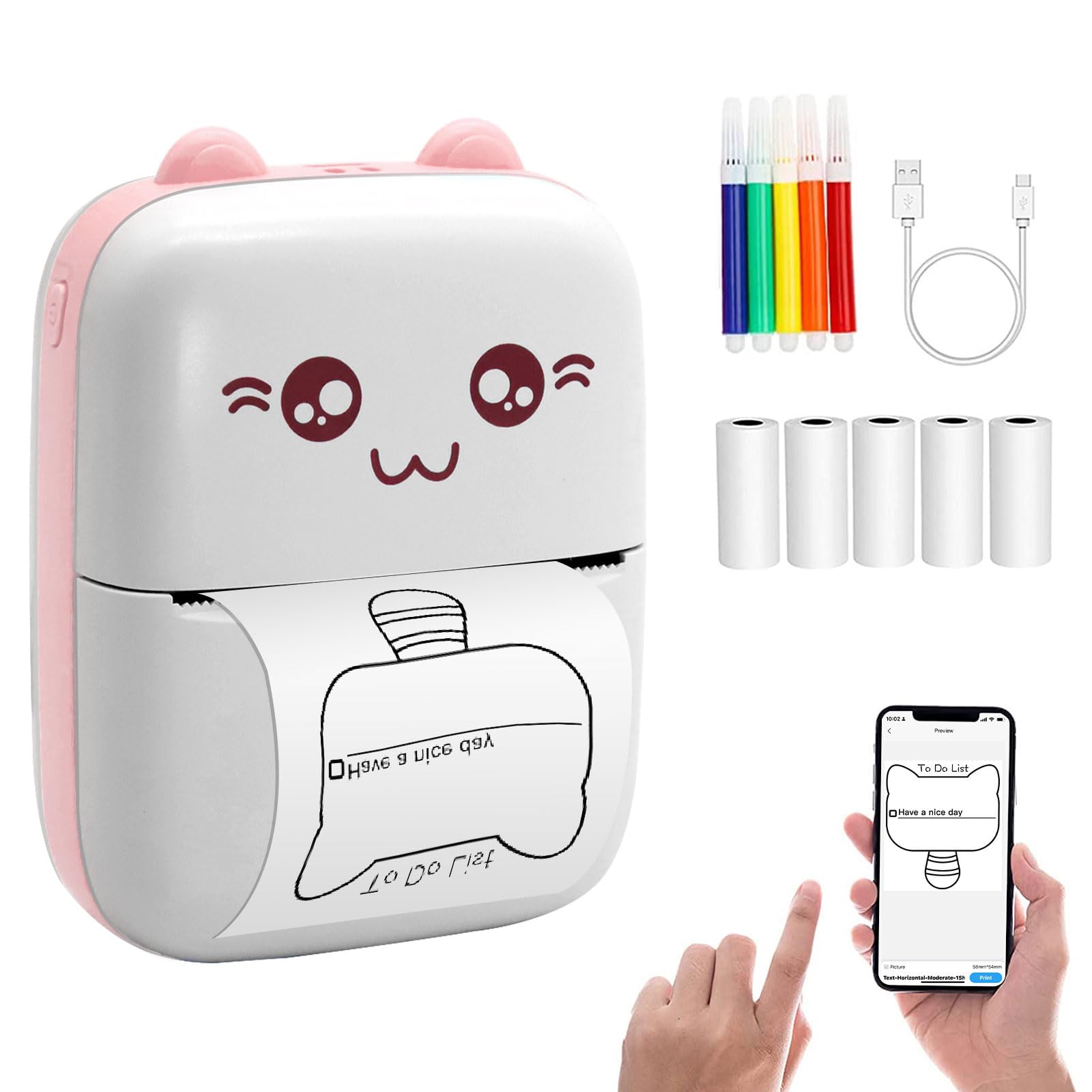 Mini Photo Printer for Smartphone, Bluetooth Label Printer with 5 * Thermal Printing Paper and 5 * Watercolor Pencils for Learning, Study Notes, Anatomical Diagrams