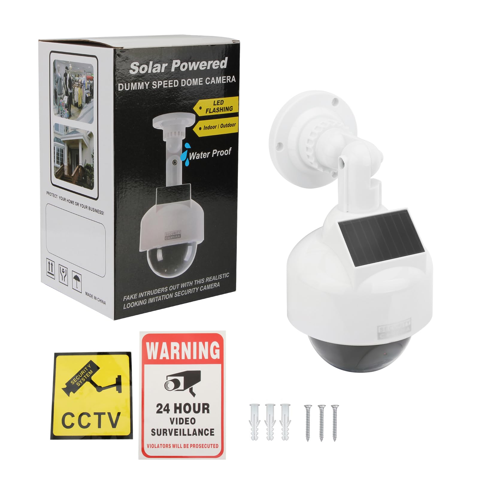 Fausse caméra de vidéosurveillance dôme factice, à énergie solaire simulée avec lumière LED rouge clignotante et autocollant d'avertissement pour la maison, le jardin et les affaires,