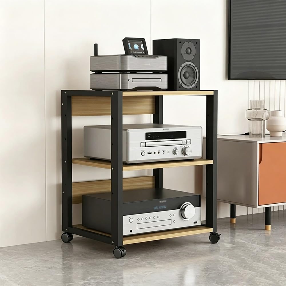 KLerDH Media Racks, Movable HiFi Rack AV Media Stand With Casters 3/4-Tier Amplifier Audio Rac(Light Walnut,3 Tier)