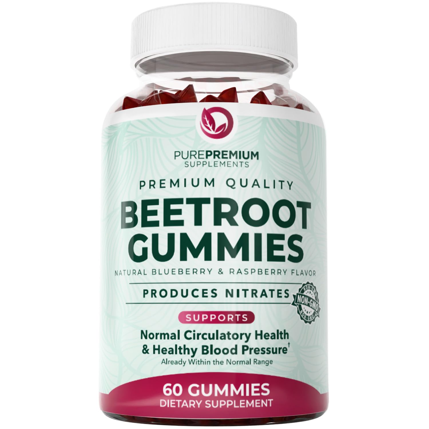 PurePremium Beet Root Gummies - 60 Sugar Free Chews (50:1 Equivalent 1500 mg) - Super Nitric Oxide Beetroot Gummies | Natural Blueberry Flavor - Supplements for Normal Blood Pressure
