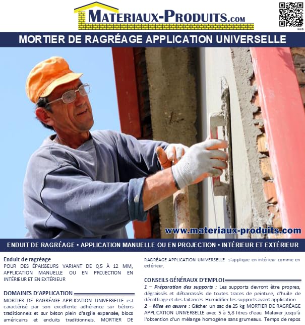 MATPRO - Mortier de Ragréage Application Universelle - Ragréage Mural et Plafond - Intérieur/Extérieur - Épaisseur 0,5 à 12 mm - Finition Lisse - Blanc - 25Kg