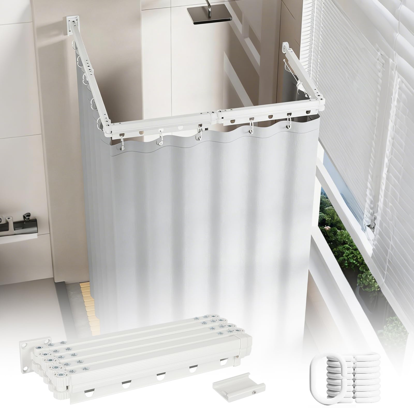 Foldable Shower Curtain Rail with Waterproof Shower Curtain, Drill/Adhesive-mounted Shower Curtain Pole, L Shaped Shower Curtain Rod, Curved Curtain Pole for Bathroom (White, 5‑Fold)